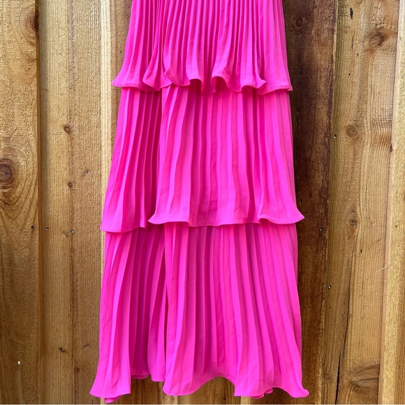 Hot Pink Bustier Pleated Tiered Chiffon Midi Dress 🌿 - Picture 10 of 12
